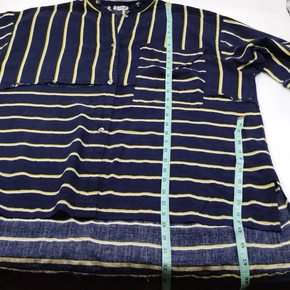 Free People Intimately Navy Yellow White Buttondown Short Sleeve Oversized Small